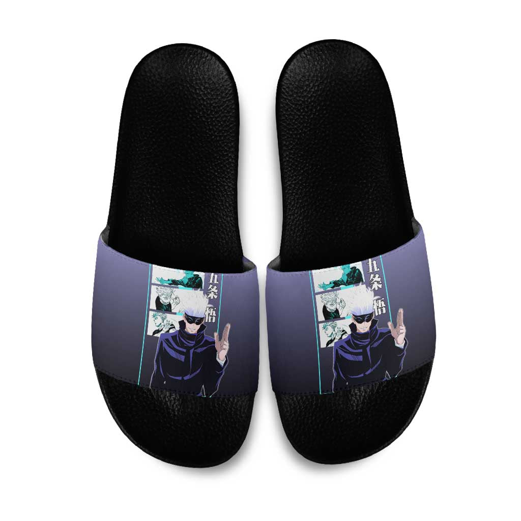 Satoru Gojo from Jujutsu Kaisen Slide Sandals with Purple and Blue Background and Multiple Poses Design - The Mazicc