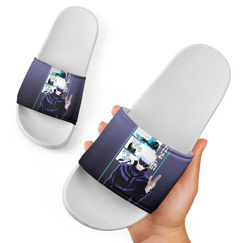 Satoru Gojo from Jujutsu Kaisen Slide Sandals with Purple and Blue Background and Multiple Poses Design - The Mazicc
