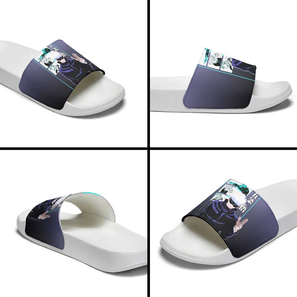 Satoru Gojo from Jujutsu Kaisen Slide Sandals with Purple and Blue Background and Multiple Poses Design - The Mazicc