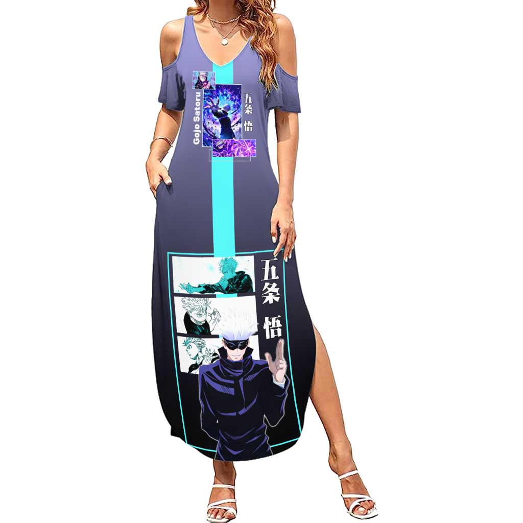 Satoru Gojo from Jujutsu Kaisen Summer Maxi Dress with Purple and Blue Background and Multiple Poses Design - The Mazicc