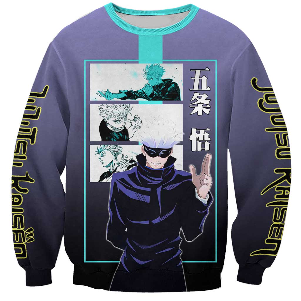 Satoru Gojo from Jujutsu Kaisen Sweatshirt with Purple and Blue Background and Multiple Poses Design - The Mazicc