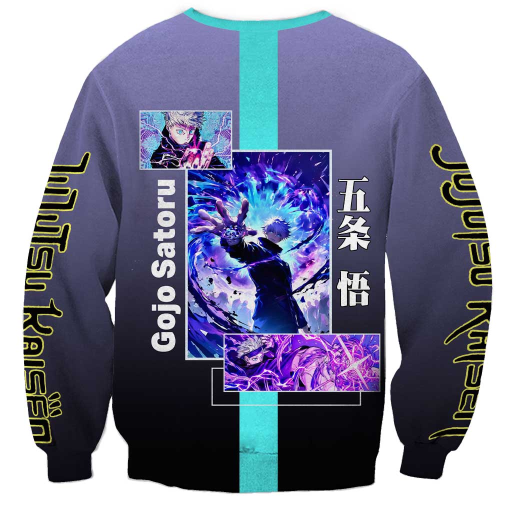 Satoru Gojo from Jujutsu Kaisen Sweatshirt with Purple and Blue Background and Multiple Poses Design - The Mazicc