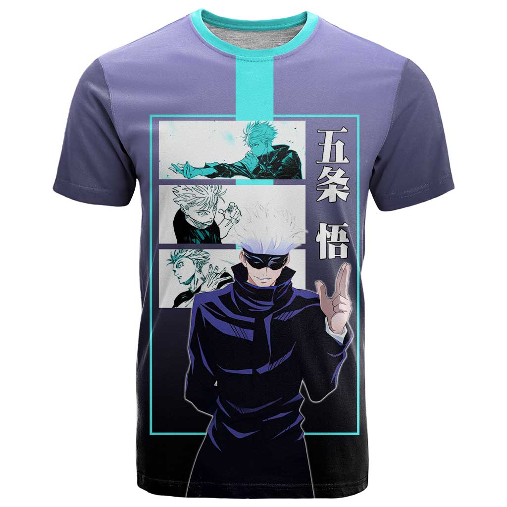 Satoru Gojo from Jujutsu Kaisen T Shirt with Purple and Blue Background and Multiple Poses Design - The Mazicc