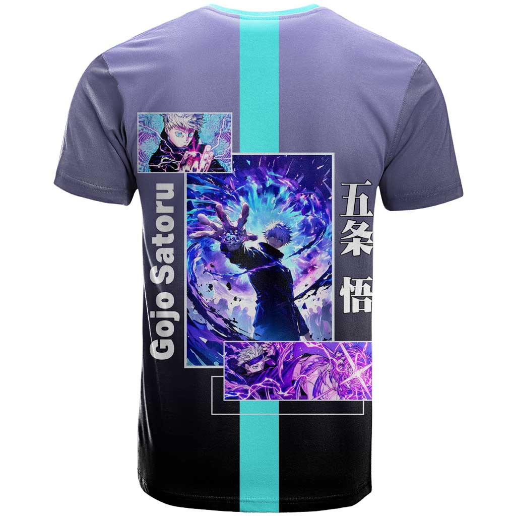 Satoru Gojo from Jujutsu Kaisen T Shirt with Purple and Blue Background and Multiple Poses Design - The Mazicc