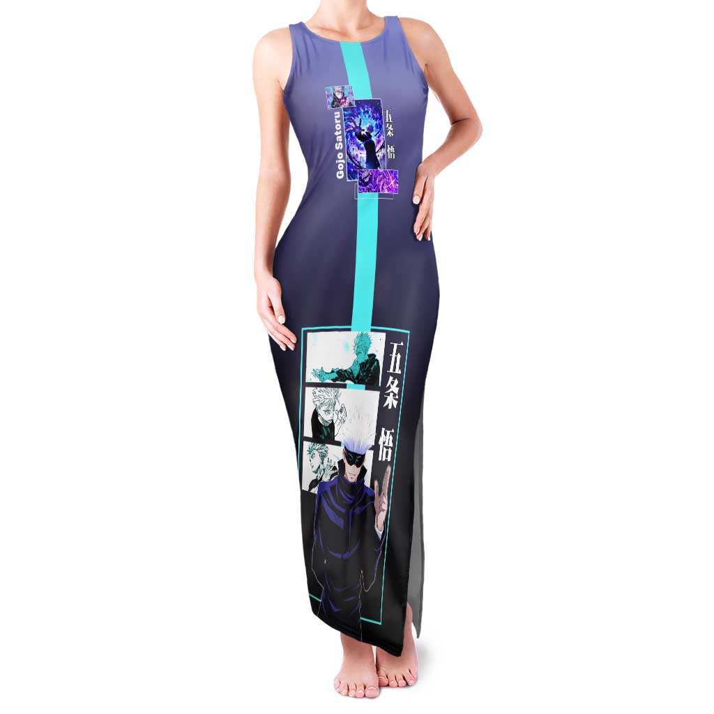 Satoru Gojo from Jujutsu Kaisen Tank Maxi Dress with Purple and Blue Background and Multiple Poses Design - The Mazicc