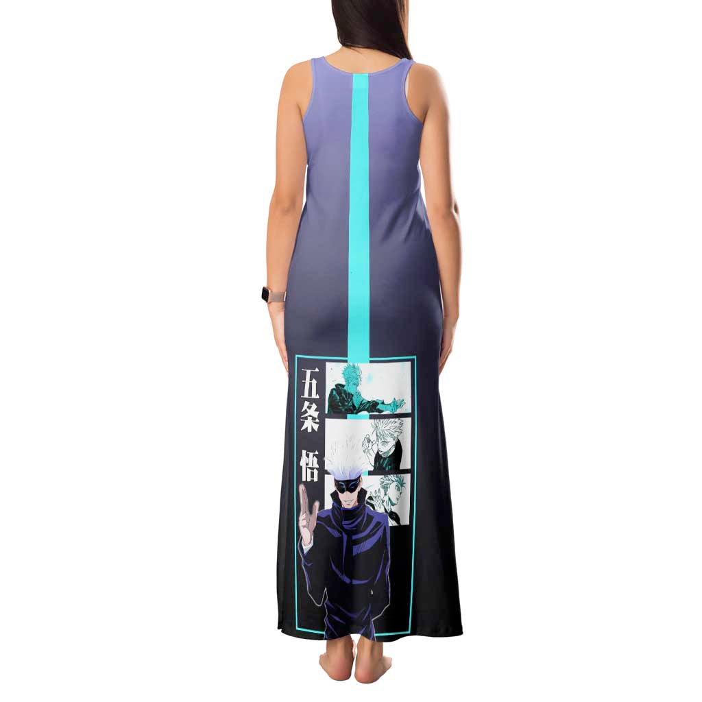 Satoru Gojo from Jujutsu Kaisen Tank Maxi Dress with Purple and Blue Background and Multiple Poses Design - The Mazicc