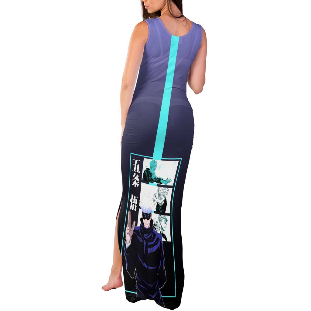 Satoru Gojo from Jujutsu Kaisen Tank Maxi Dress with Purple and Blue Background and Multiple Poses Design - The Mazicc