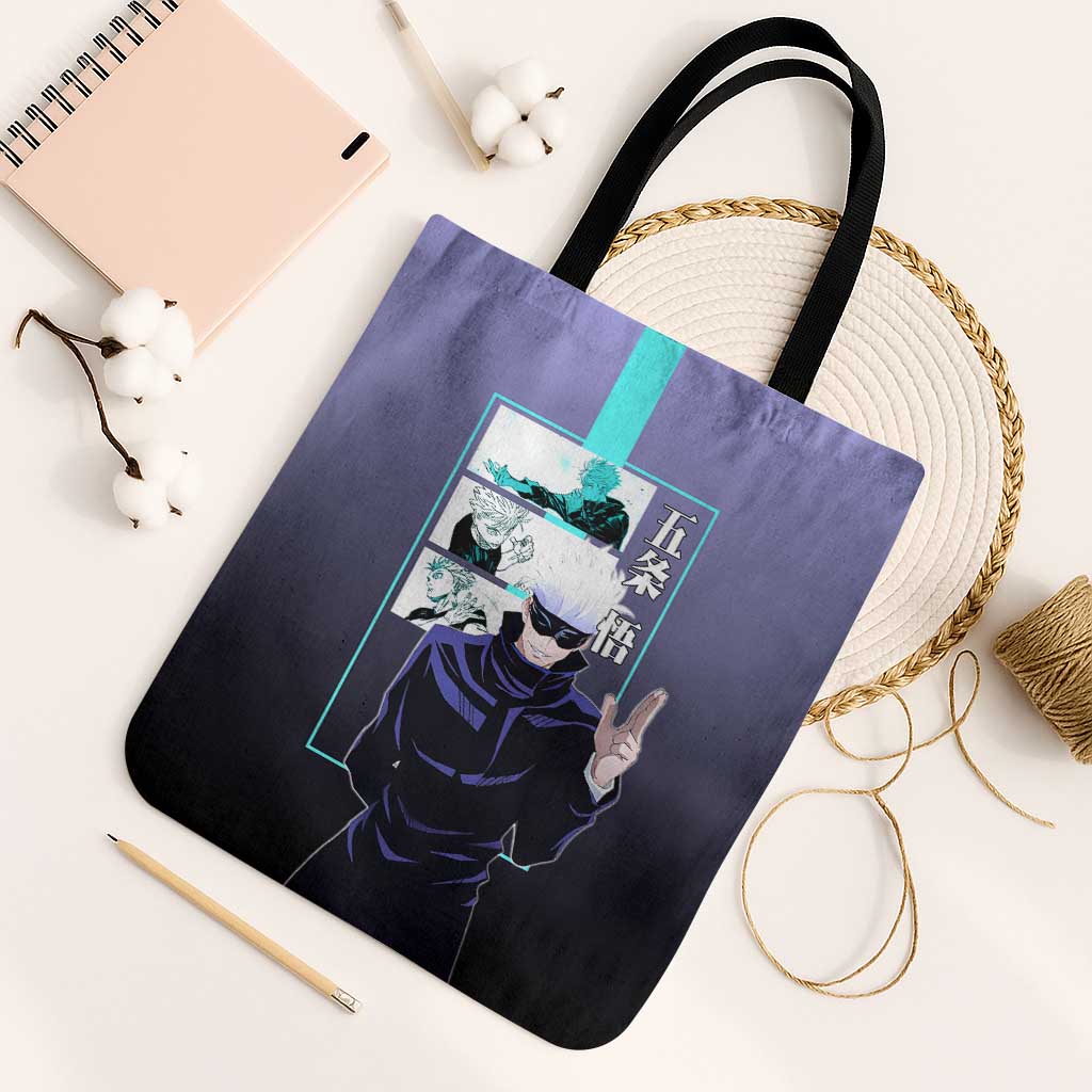 Satoru Gojo from Jujutsu Kaisen Tote Bag with Purple and Blue Background and Multiple Poses Design - The Mazicc