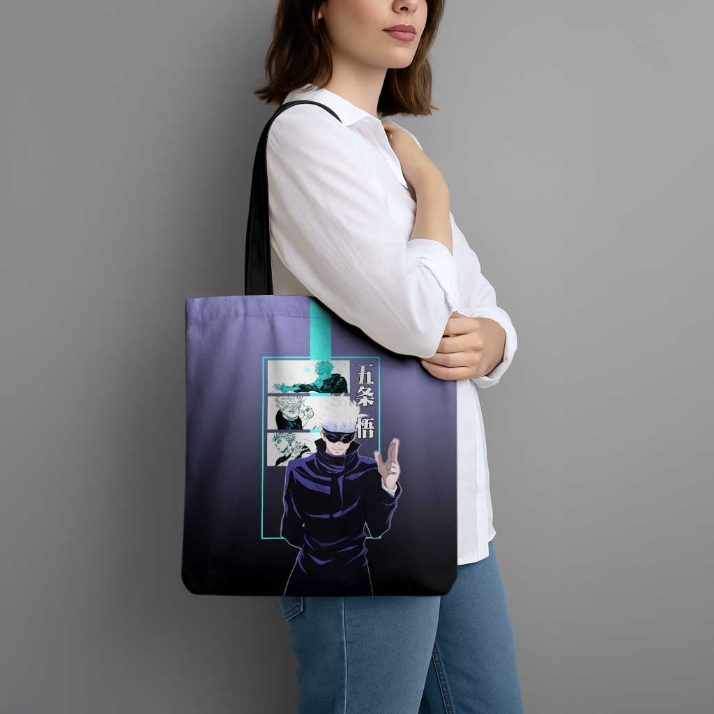Satoru Gojo from Jujutsu Kaisen Tote Bag with Purple and Blue Background and Multiple Poses Design - The Mazicc