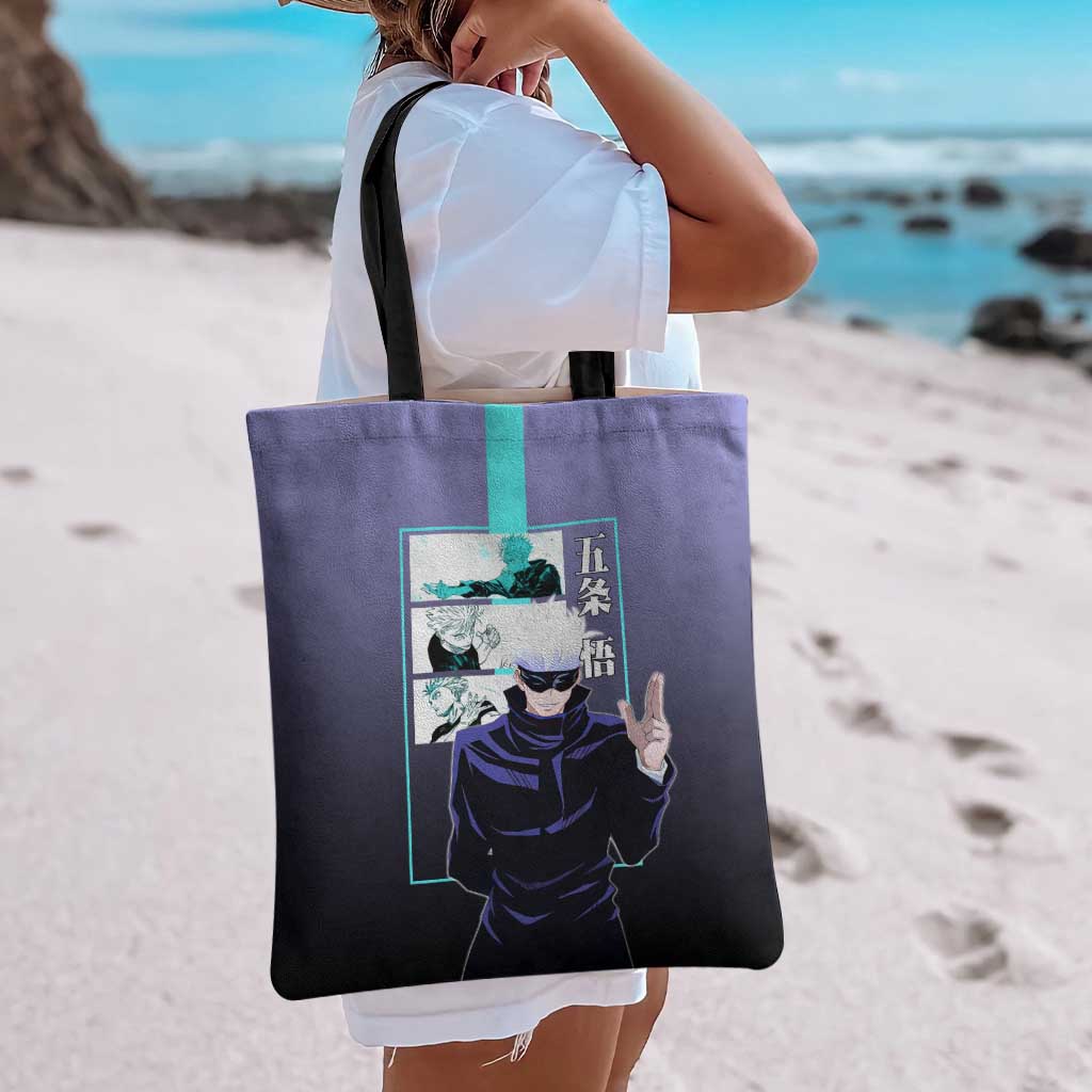Satoru Gojo from Jujutsu Kaisen Tote Bag with Purple and Blue Background and Multiple Poses Design - The Mazicc