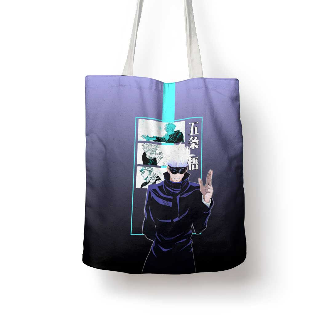 Satoru Gojo from Jujutsu Kaisen Tote Bag with Purple and Blue Background and Multiple Poses Design - The Mazicc