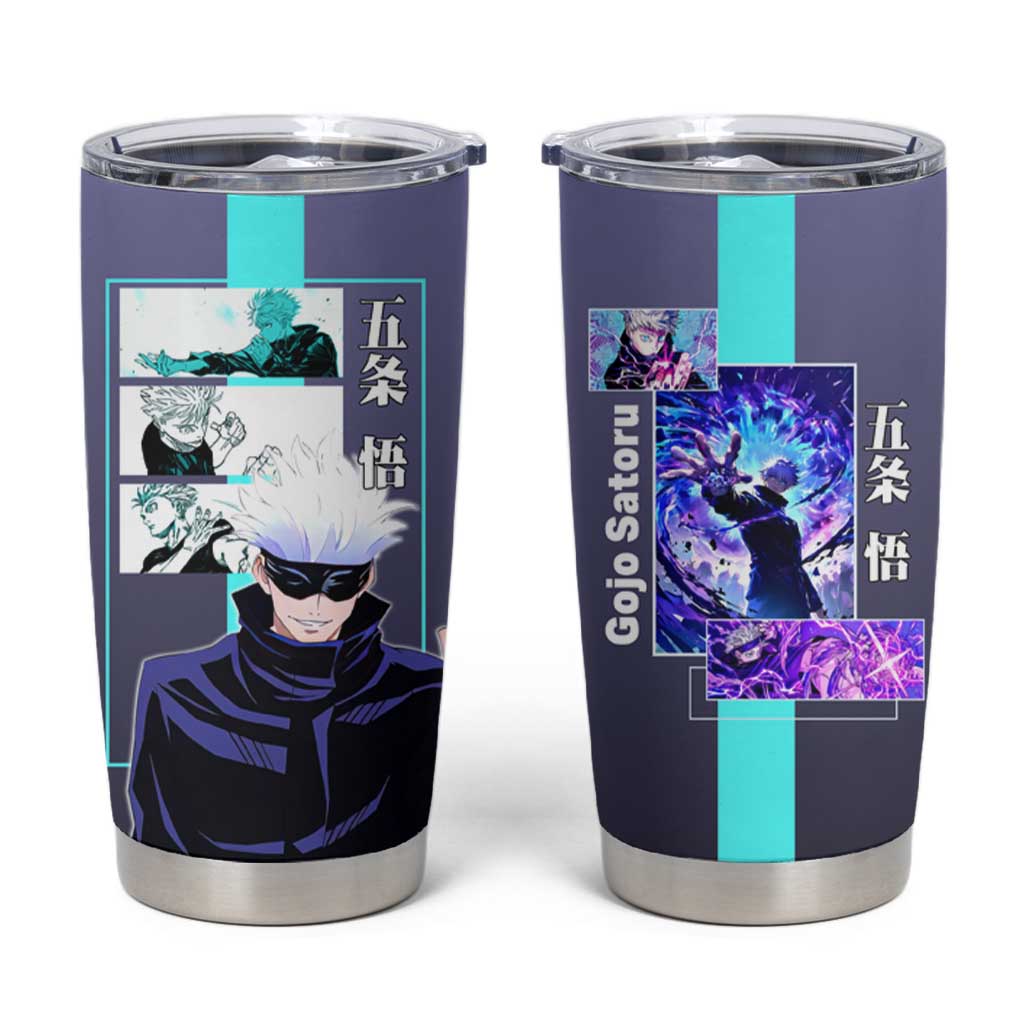 Satoru Gojo from Jujutsu Kaisen Tumbler Cup with Purple and Blue Background and Multiple Poses Design - The Mazicc