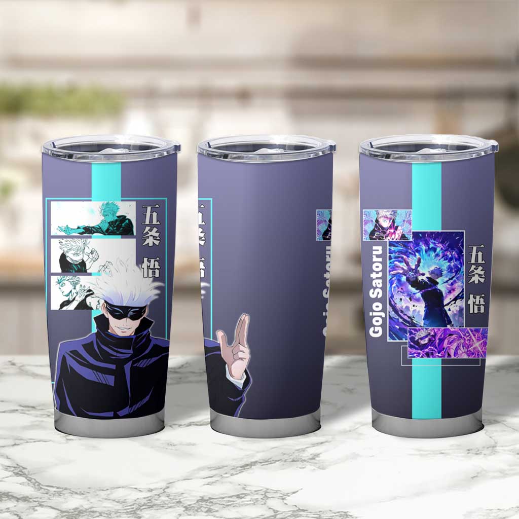 Satoru Gojo from Jujutsu Kaisen Tumbler Cup with Purple and Blue Background and Multiple Poses Design - The Mazicc