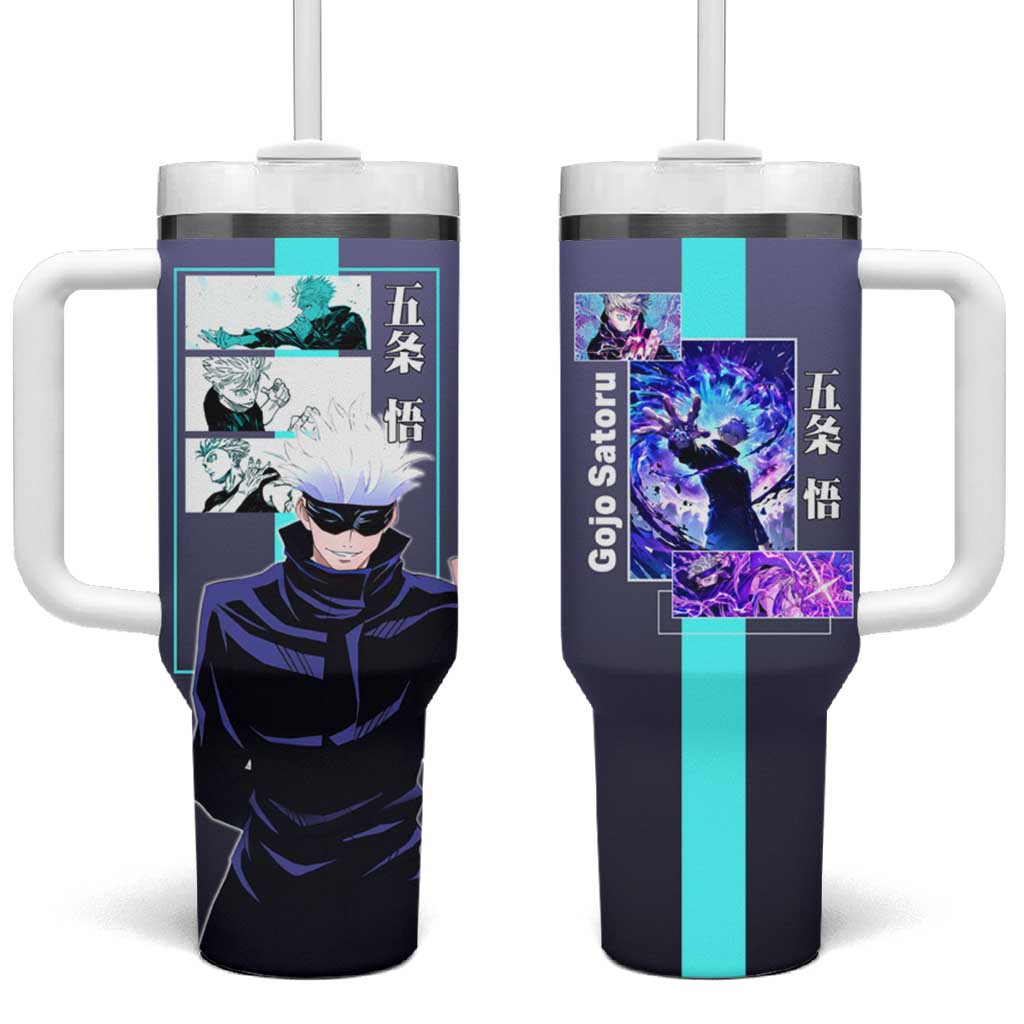 Satoru Gojo from Jujutsu Kaisen Tumbler With Handle with Purple and Blue Background and Multiple Poses Design - The Mazicc