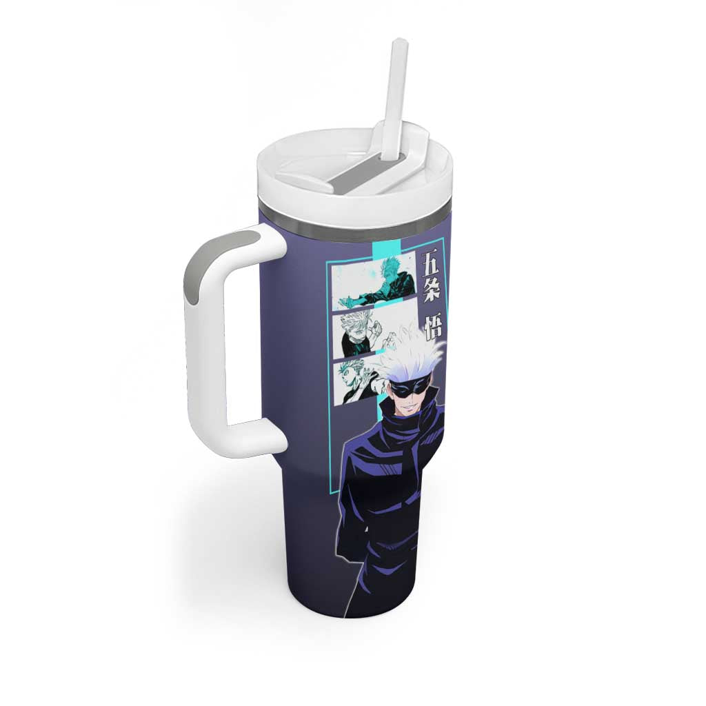 Satoru Gojo from Jujutsu Kaisen Tumbler With Handle with Purple and Blue Background and Multiple Poses Design - The Mazicc