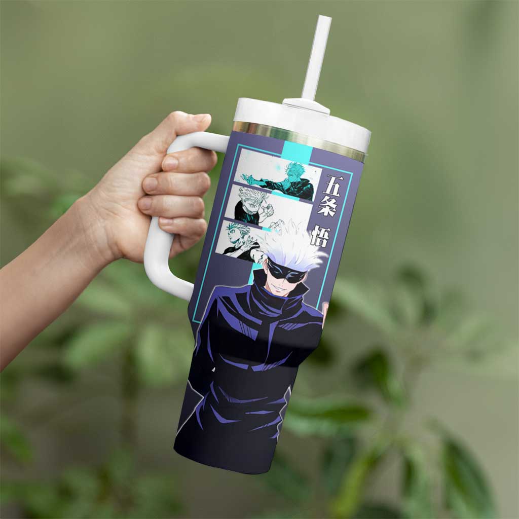 Satoru Gojo from Jujutsu Kaisen Tumbler With Handle with Purple and Blue Background and Multiple Poses Design - The Mazicc