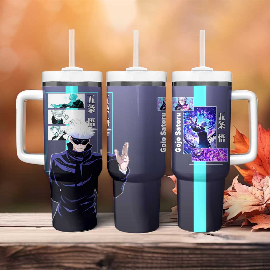 Satoru Gojo from Jujutsu Kaisen Tumbler With Handle with Purple and Blue Background and Multiple Poses Design - The Mazicc