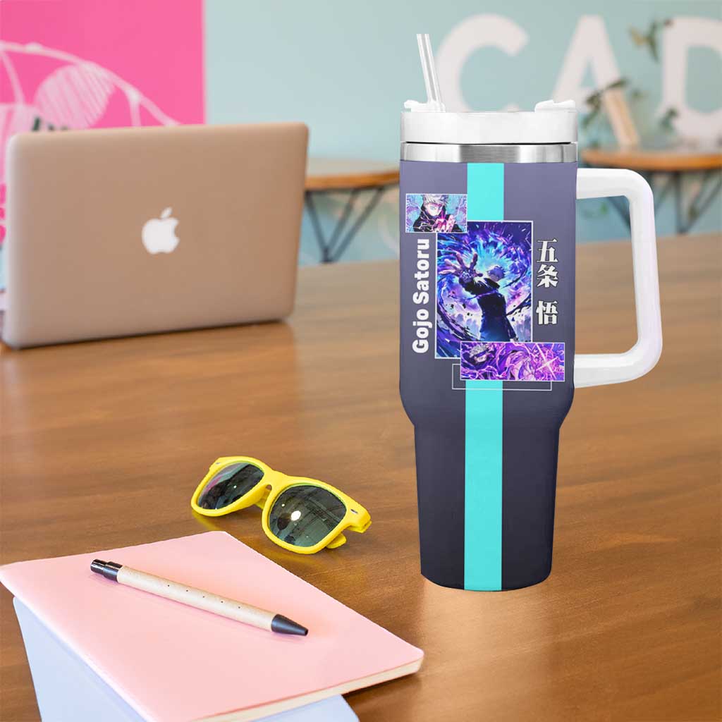 Satoru Gojo from Jujutsu Kaisen Tumbler With Handle with Purple and Blue Background and Multiple Poses Design - The Mazicc
