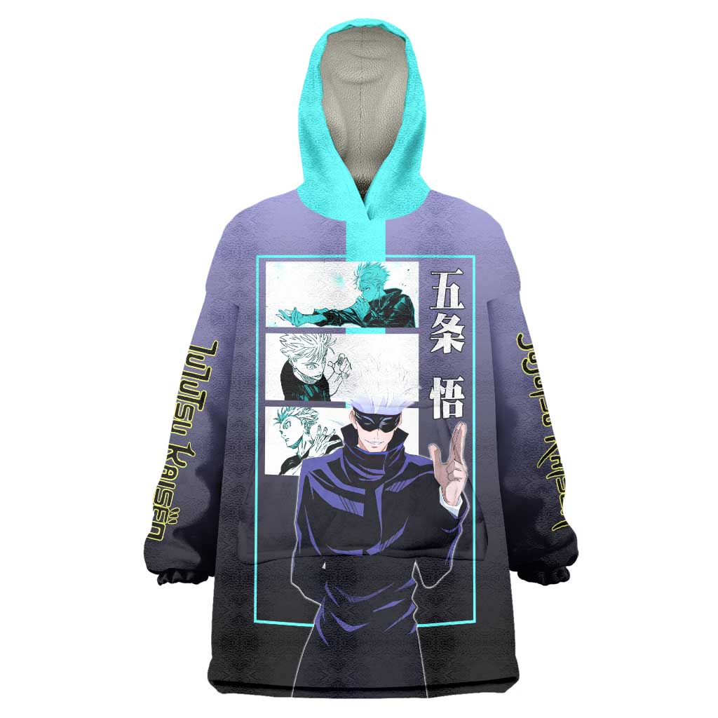 Satoru Gojo from Jujutsu Kaisen Wearable Blanket Hoodie with Purple and Blue Background and Multiple Poses Design - The Mazicc