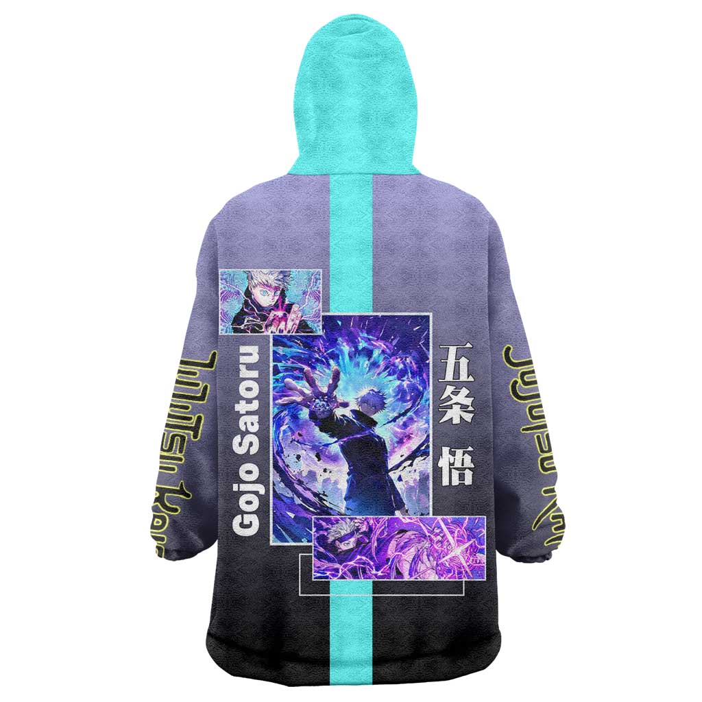 Satoru Gojo from Jujutsu Kaisen Wearable Blanket Hoodie with Purple and Blue Background and Multiple Poses Design - The Mazicc