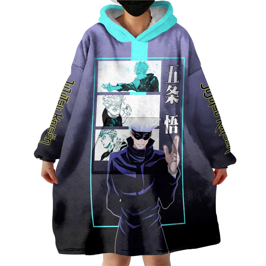 Satoru Gojo from Jujutsu Kaisen Wearable Blanket Hoodie with Purple and Blue Background and Multiple Poses Design - The Mazicc