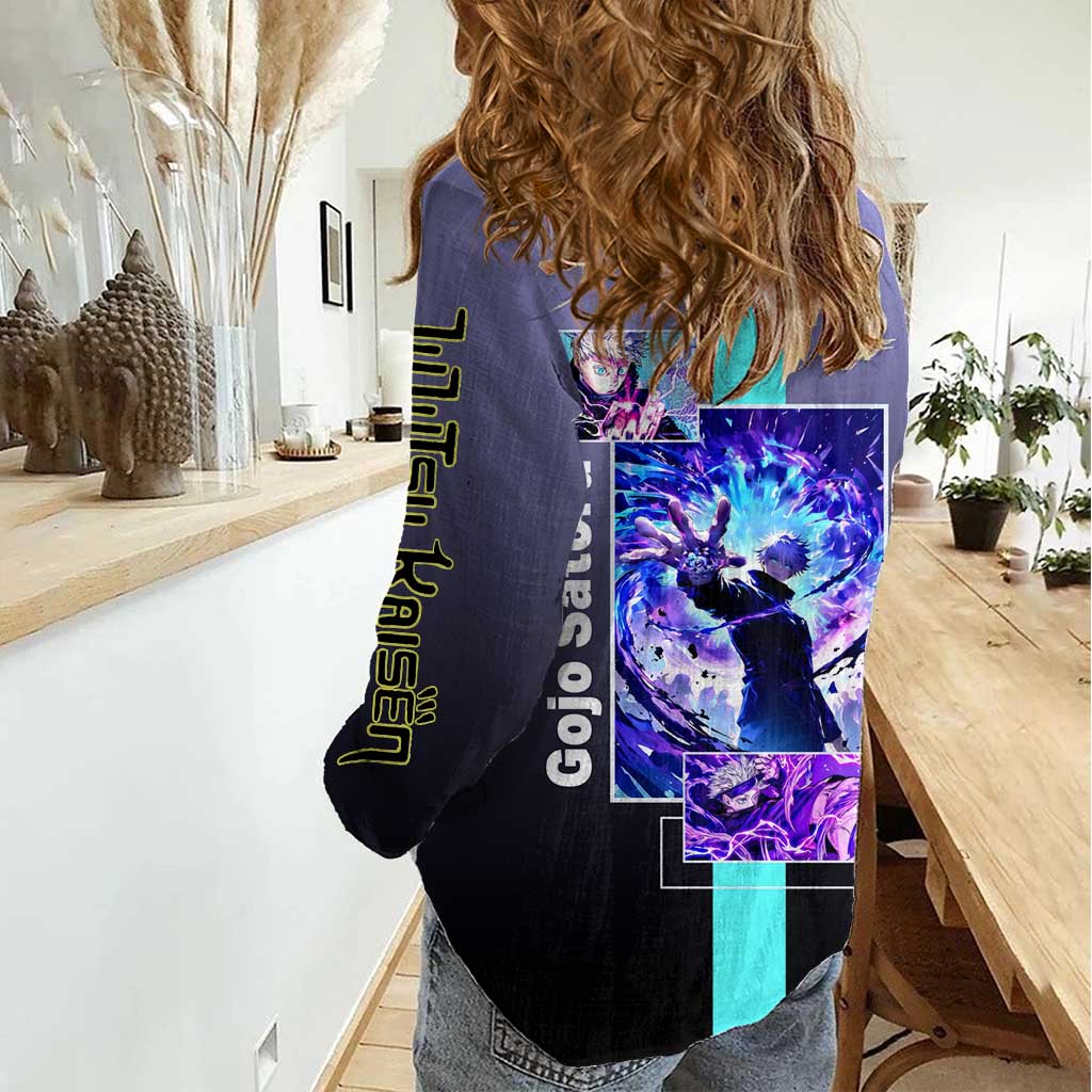 Satoru Gojo from Jujutsu Kaisen Women Casual Shirt with Purple and Blue Background and Multiple Poses Design - The Mazicc