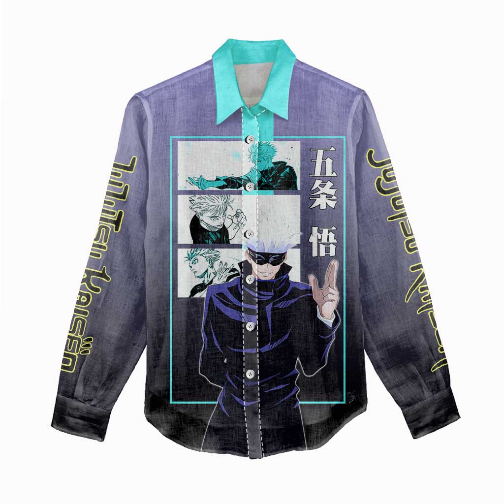 Satoru Gojo from Jujutsu Kaisen Women Casual Shirt with Purple and Blue Background and Multiple Poses Design - The Mazicc