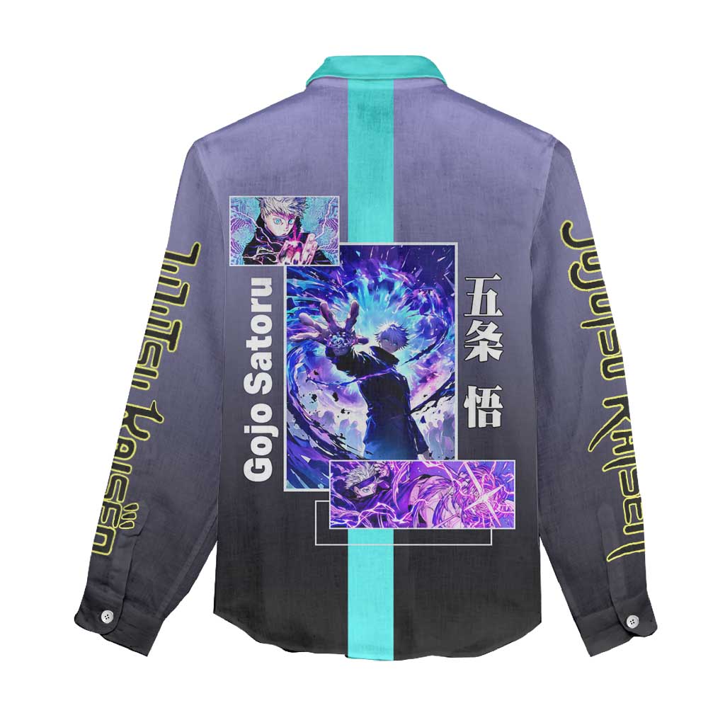 Satoru Gojo from Jujutsu Kaisen Women Casual Shirt with Purple and Blue Background and Multiple Poses Design - The Mazicc