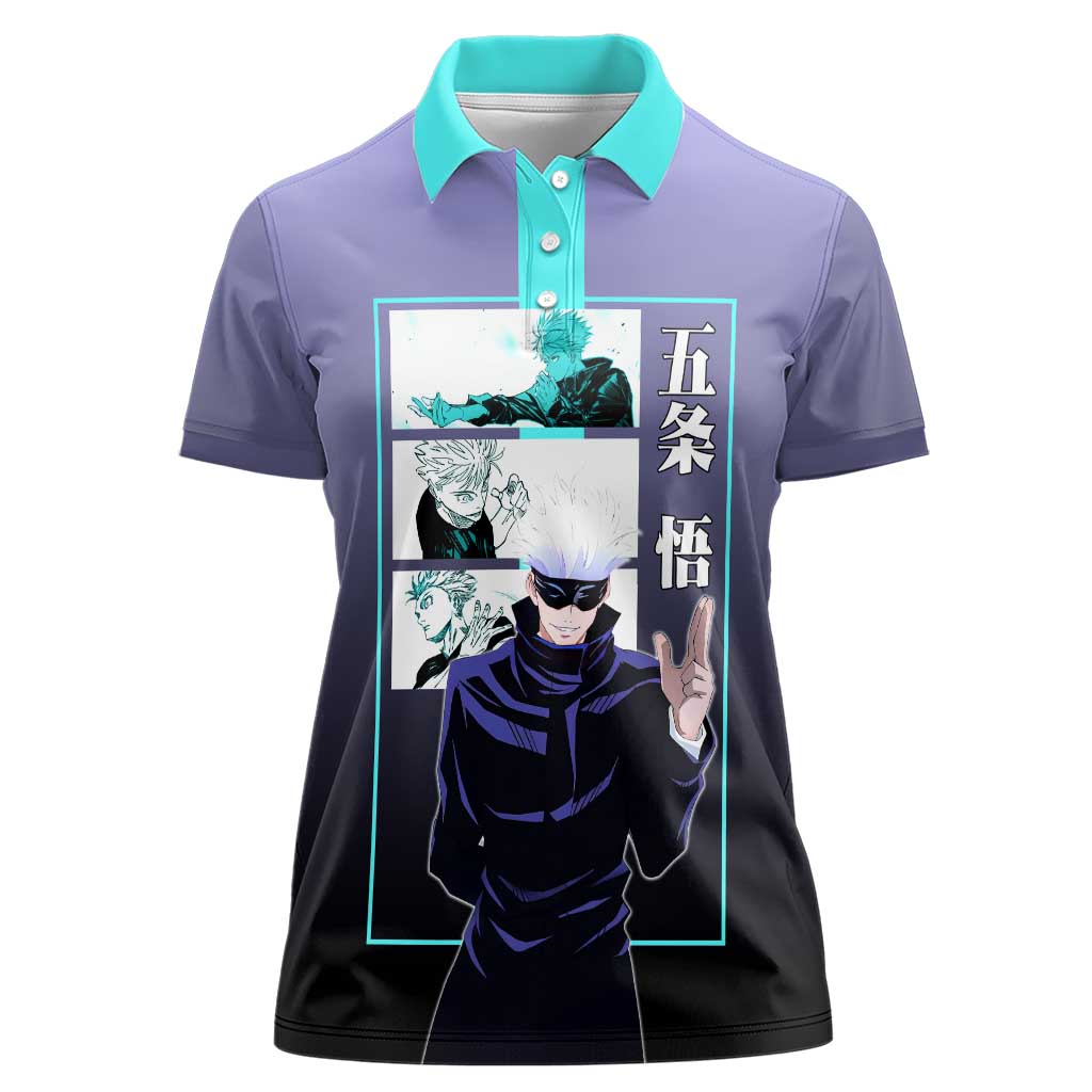 Satoru Gojo from Jujutsu Kaisen Women Polo Shirt with Purple and Blue Background and Multiple Poses Design - The Mazicc