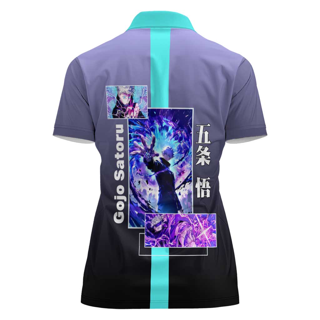 Satoru Gojo from Jujutsu Kaisen Women Polo Shirt with Purple and Blue Background and Multiple Poses Design - The Mazicc