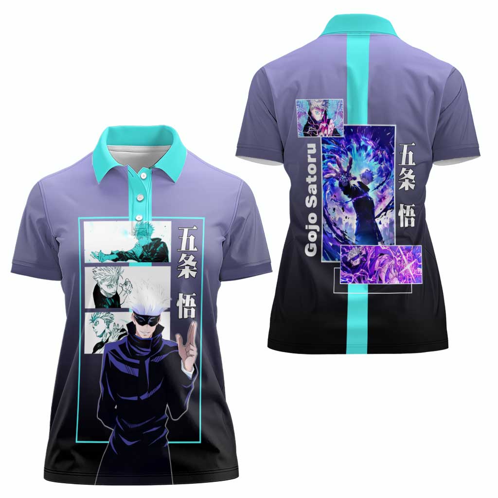Satoru Gojo from Jujutsu Kaisen Women Polo Shirt with Purple and Blue Background and Multiple Poses Design - The Mazicc