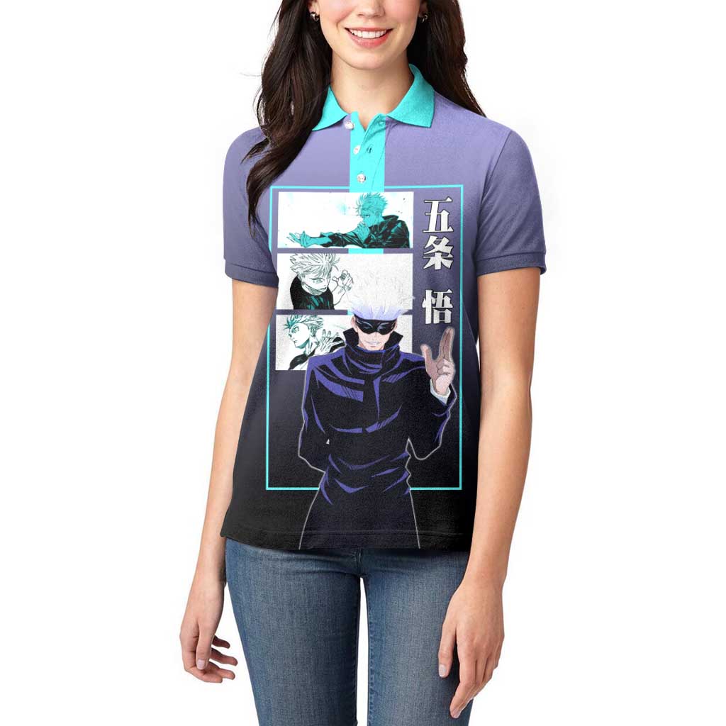 Satoru Gojo from Jujutsu Kaisen Women Polo Shirt with Purple and Blue Background and Multiple Poses Design - The Mazicc