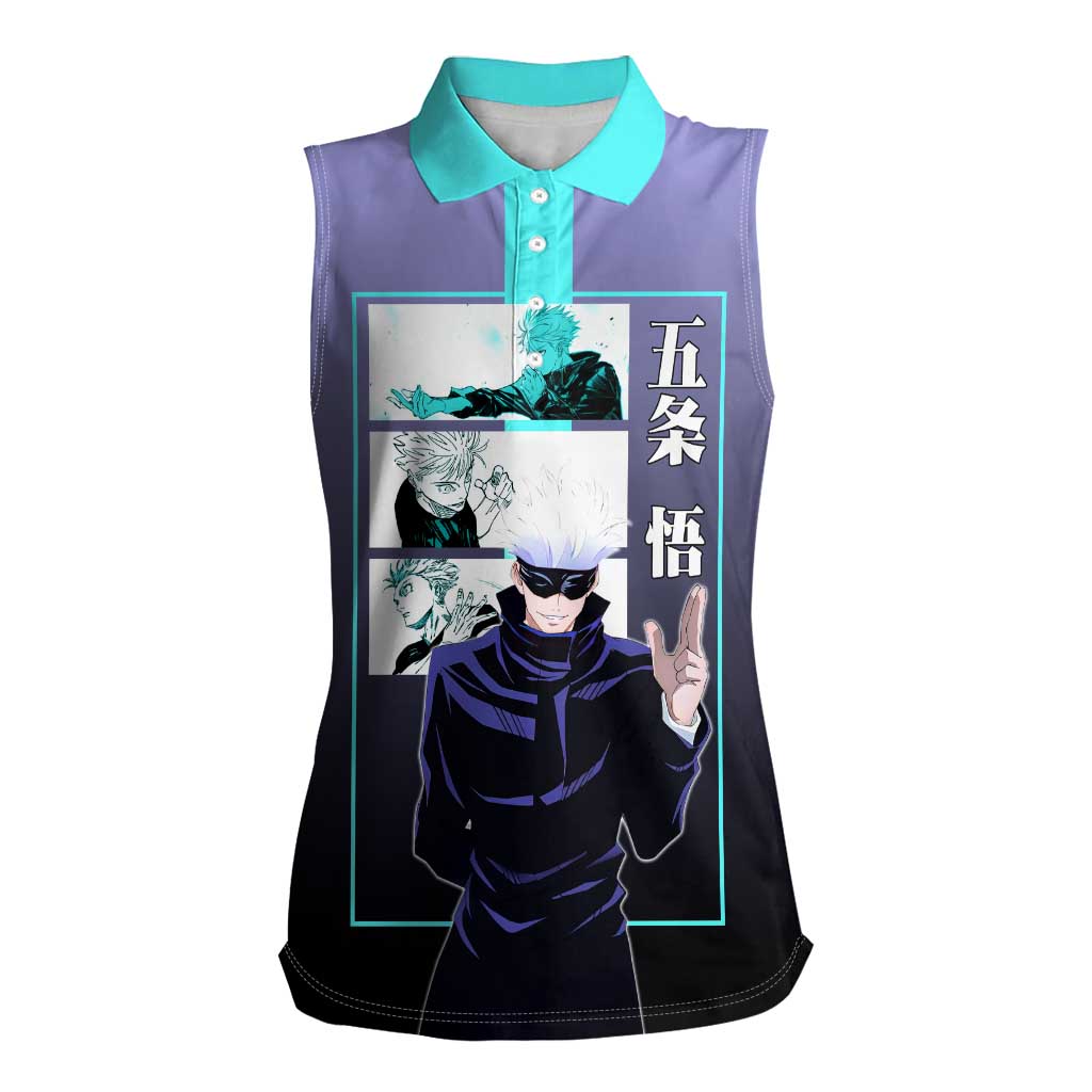 Satoru Gojo from Jujutsu Kaisen Women Sleeveless Polo Shirt with Purple and Blue Background and Multiple Poses Design - The Mazicc