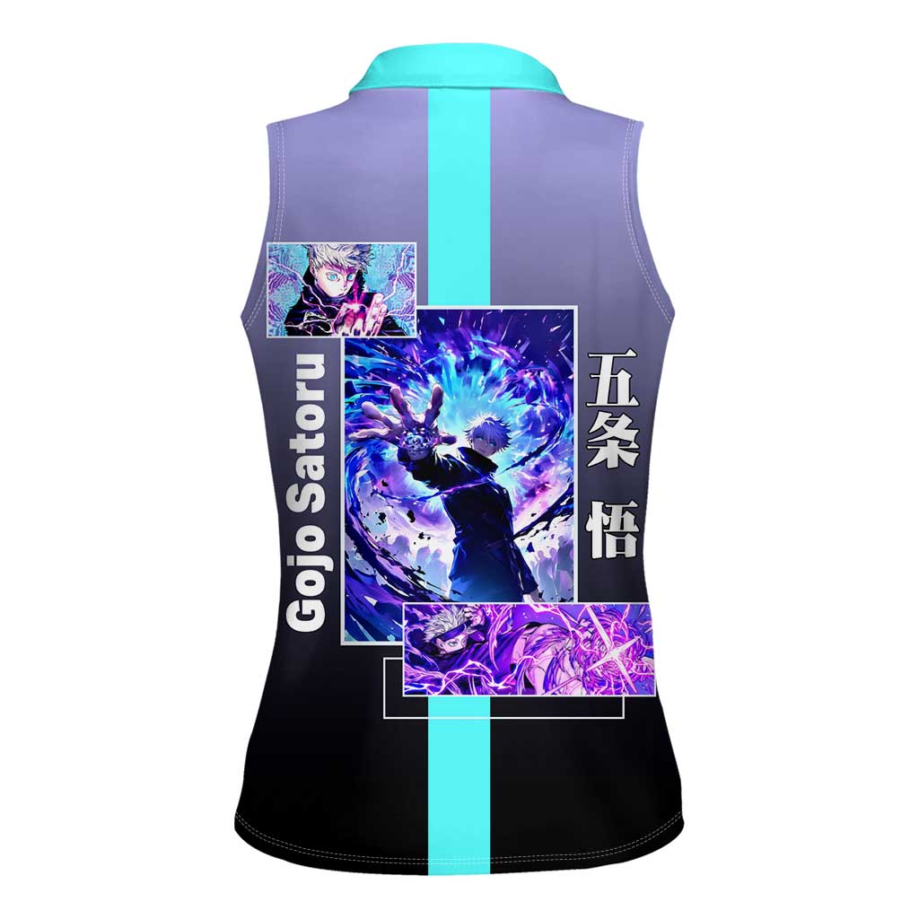 Satoru Gojo from Jujutsu Kaisen Women Sleeveless Polo Shirt with Purple and Blue Background and Multiple Poses Design - The Mazicc