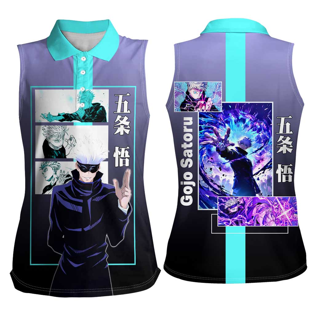 Satoru Gojo from Jujutsu Kaisen Women Sleeveless Polo Shirt with Purple and Blue Background and Multiple Poses Design - The Mazicc