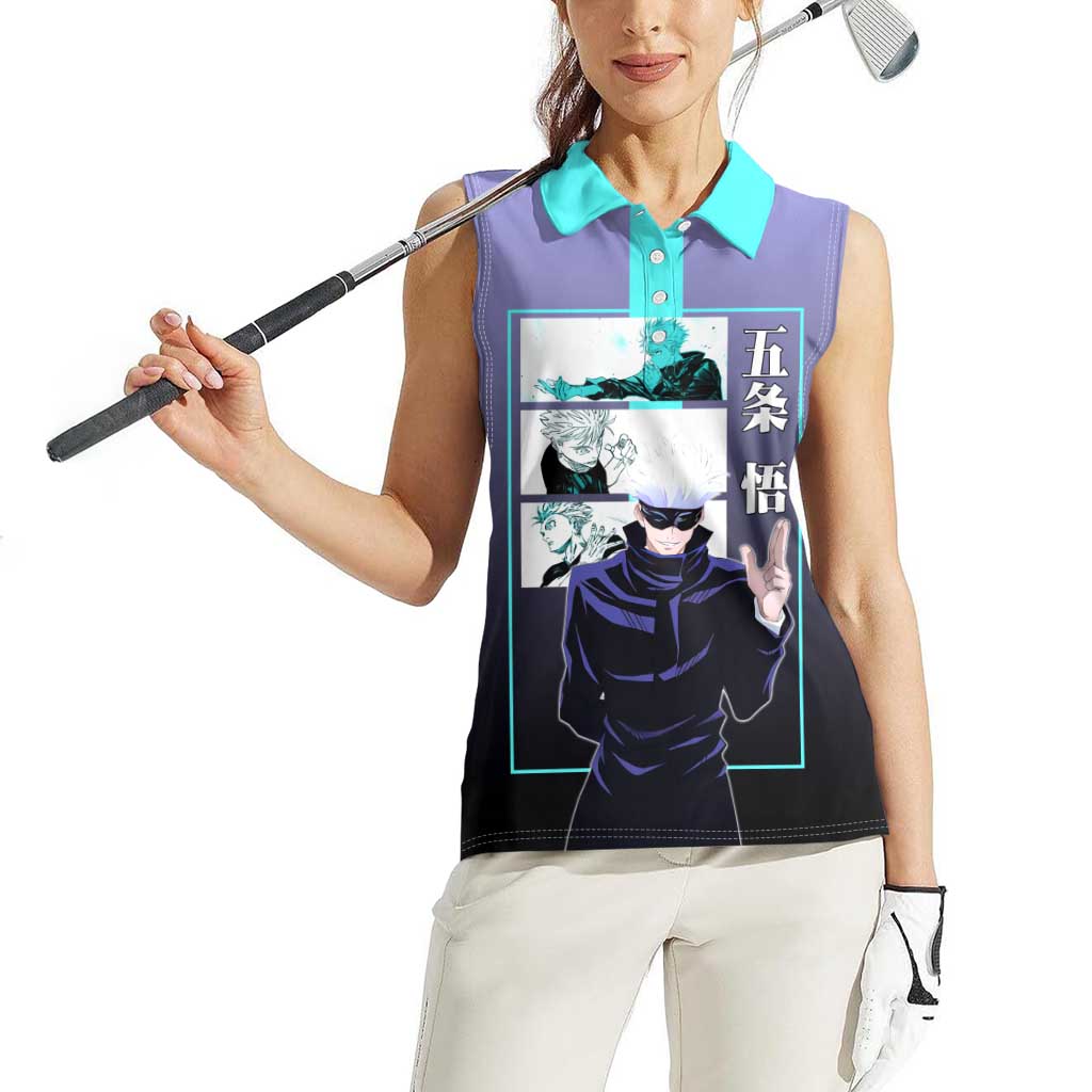Satoru Gojo from Jujutsu Kaisen Women Sleeveless Polo Shirt with Purple and Blue Background and Multiple Poses Design - The Mazicc