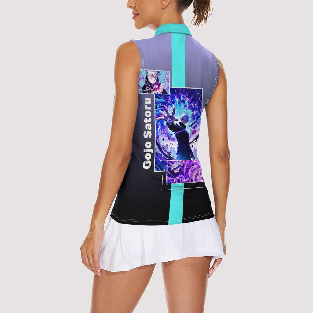 Satoru Gojo from Jujutsu Kaisen Women Sleeveless Polo Shirt with Purple and Blue Background and Multiple Poses Design - The Mazicc