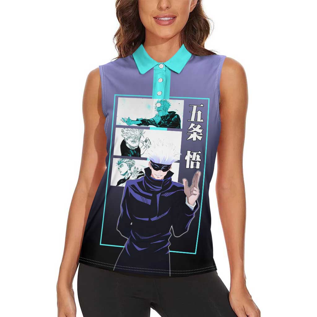 Satoru Gojo from Jujutsu Kaisen Women Sleeveless Polo Shirt with Purple and Blue Background and Multiple Poses Design - The Mazicc