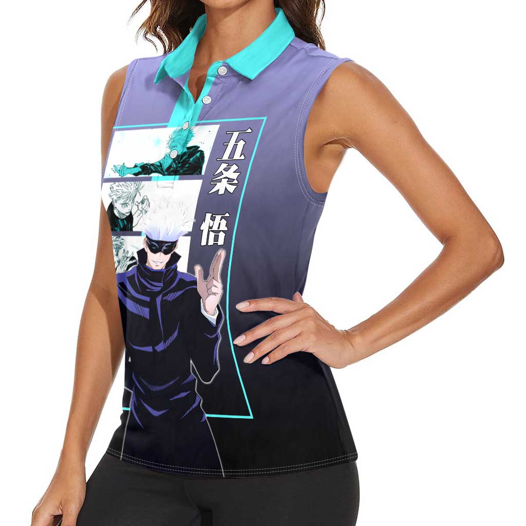 Satoru Gojo from Jujutsu Kaisen Women Sleeveless Polo Shirt with Purple and Blue Background and Multiple Poses Design - The Mazicc