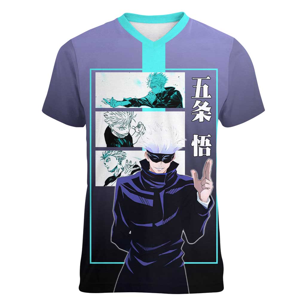 Satoru Gojo from Jujutsu Kaisen Women V-Neck T-Shirt with Purple and Blue Background and Multiple Poses Design - The Mazicc
