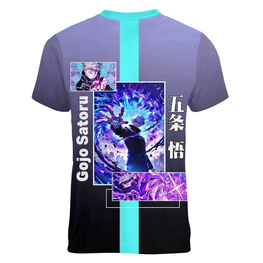 Satoru Gojo from Jujutsu Kaisen Women V-Neck T-Shirt with Purple and Blue Background and Multiple Poses Design - The Mazicc