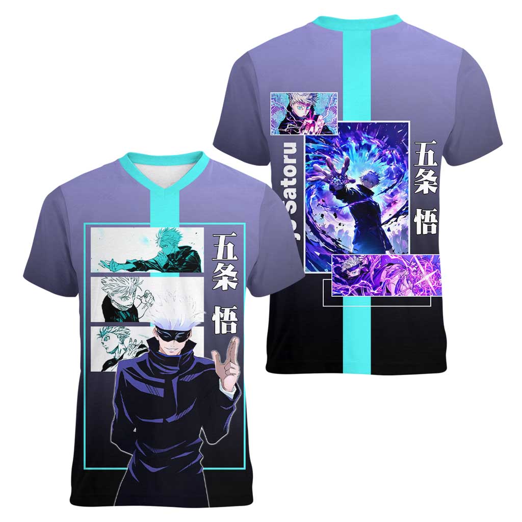 Satoru Gojo from Jujutsu Kaisen Women V-Neck T-Shirt with Purple and Blue Background and Multiple Poses Design - The Mazicc
