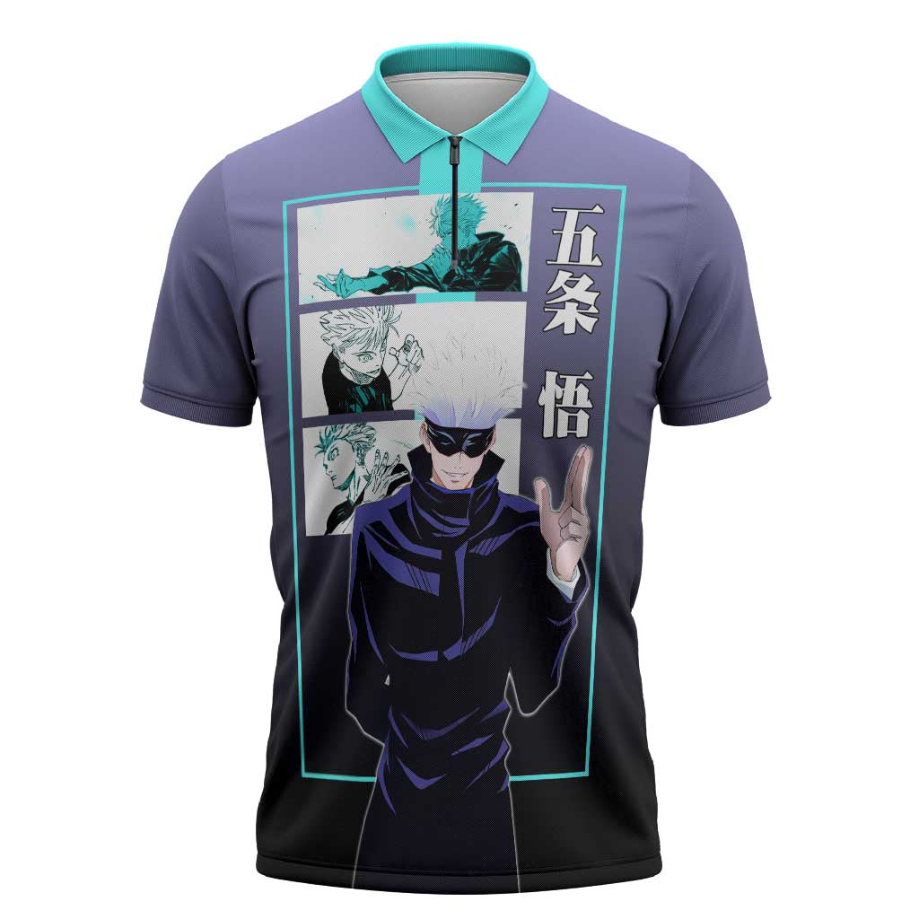 Satoru Gojo from Jujutsu Kaisen Zipper Polo Shirt with Purple and Blue Background and Multiple Poses Design - The Mazicc