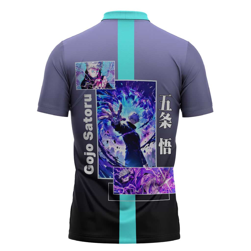 Satoru Gojo from Jujutsu Kaisen Zipper Polo Shirt with Purple and Blue Background and Multiple Poses Design - The Mazicc