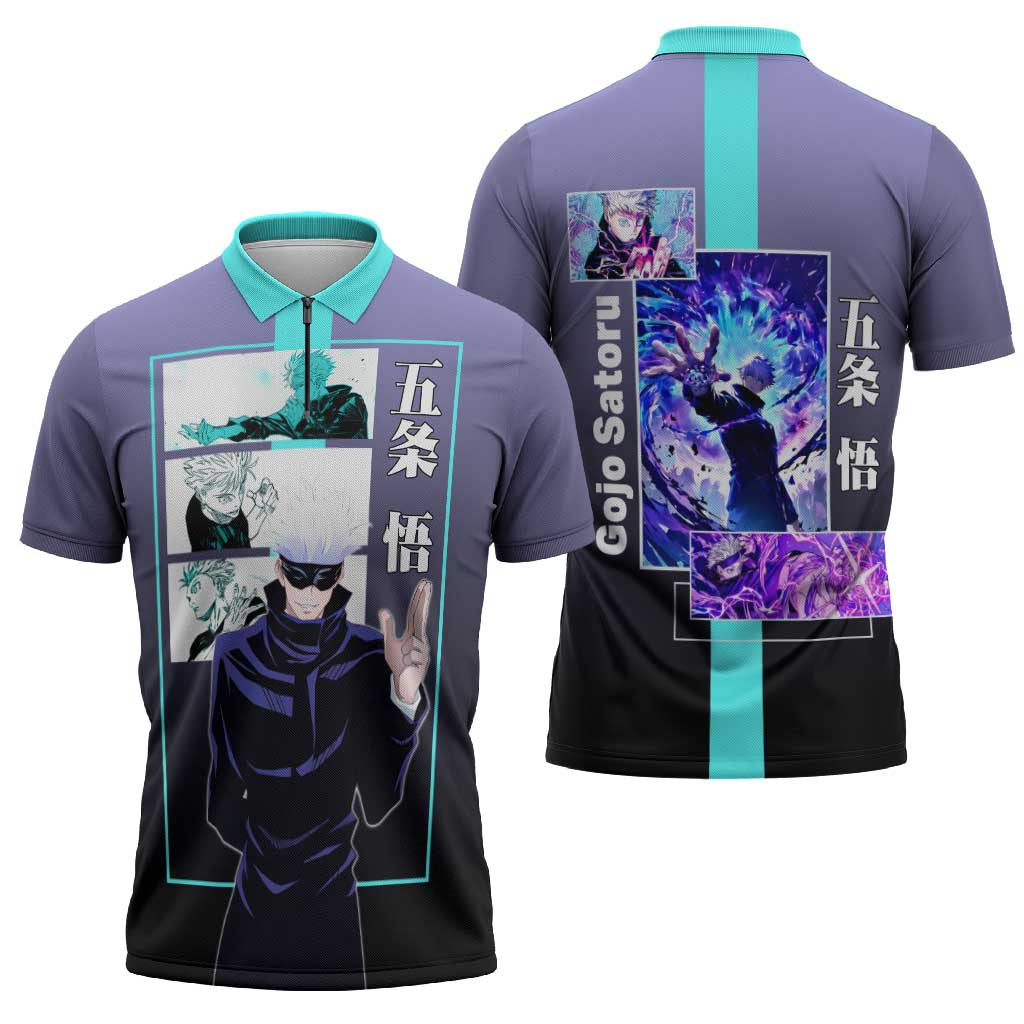 Satoru Gojo from Jujutsu Kaisen Zipper Polo Shirt with Purple and Blue Background and Multiple Poses Design - The Mazicc
