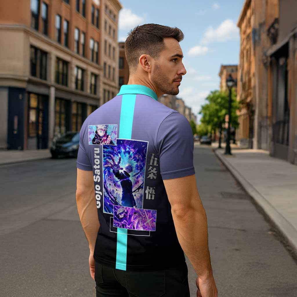 Satoru Gojo from Jujutsu Kaisen Zipper Polo Shirt with Purple and Blue Background and Multiple Poses Design - The Mazicc