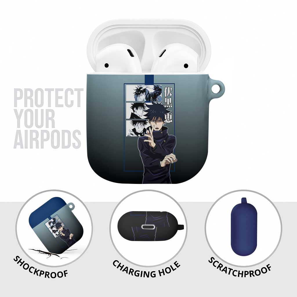 Megumi Fushiguro from Jujutsu Kaisen AirPods Case with Dark Blue and Black Background and Multiple Poses Design - The Mazicc