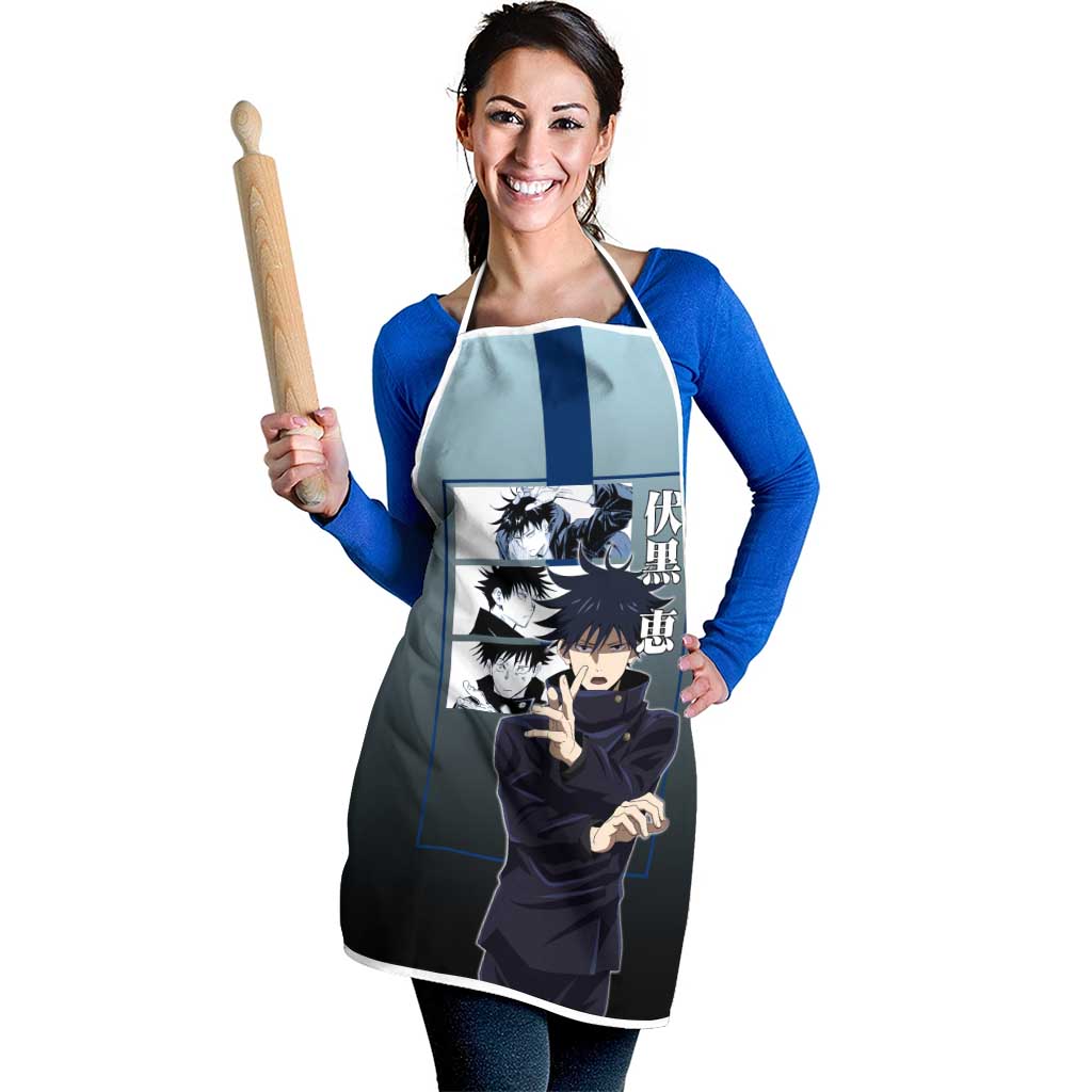 Megumi Fushiguro from Jujutsu Kaisen Apron with Dark Blue and Black Background and Multiple Poses Design - The Mazicc