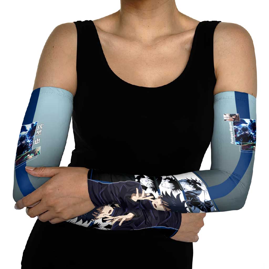 Megumi Fushiguro from Jujutsu Kaisen Arm Sleeves with Dark Blue and Black Background and Multiple Poses Design - The Mazicc