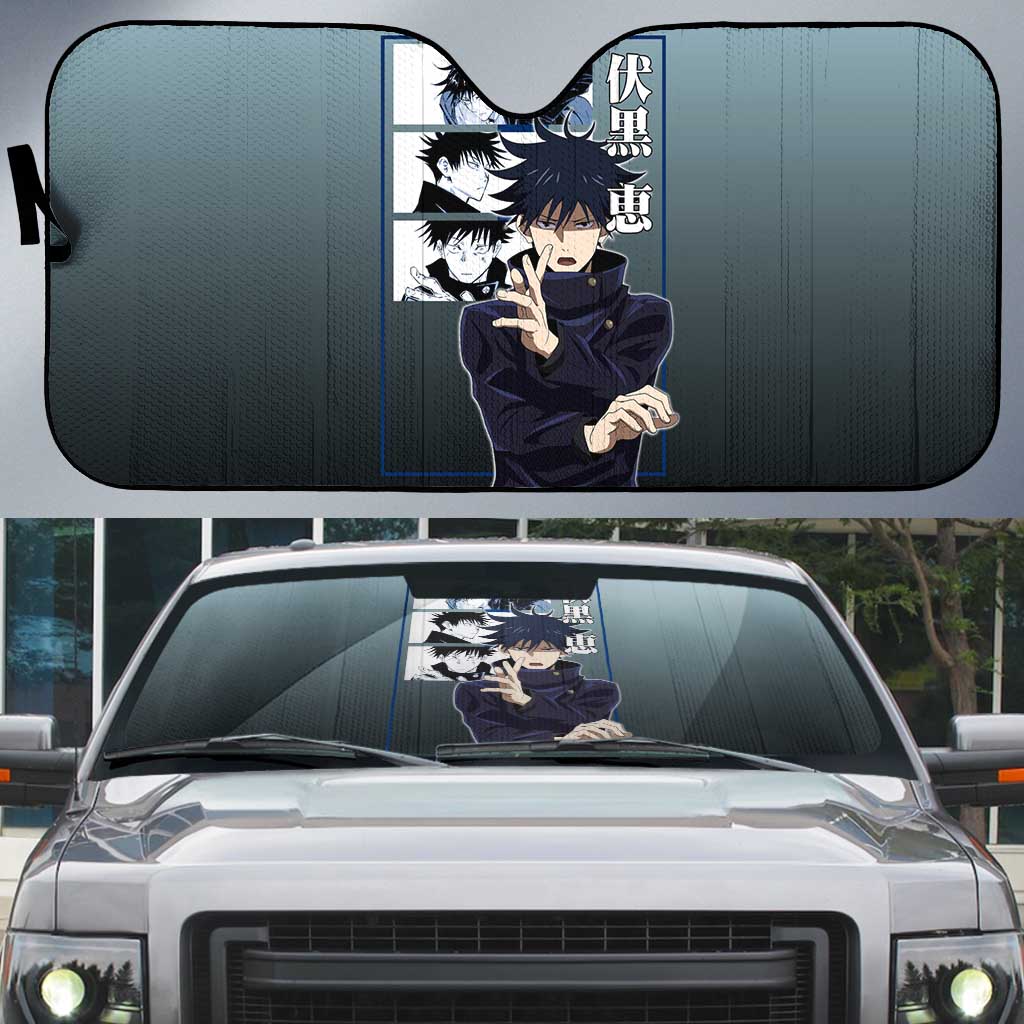 Megumi Fushiguro from Jujutsu Kaisen Auto Sun Shade with Dark Blue and Black Background and Multiple Poses Design - The Mazicc